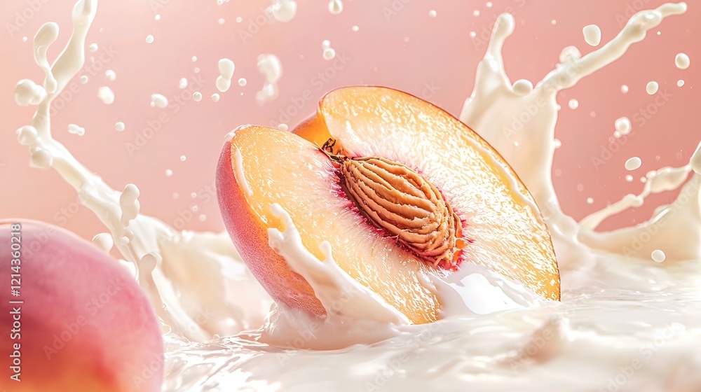 Poster half a peach splashing into creamy milk, creating a dynamic and vibrant scene.