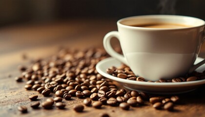 Aromatic Coffee Cup and Roasted Beans on Wooden Table