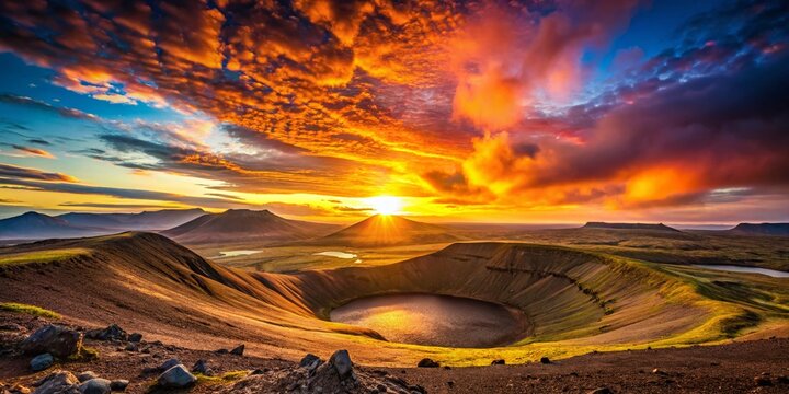 Iceland Eldborg Crater Silhouette Dramatic Sunset Volcanic Landscape