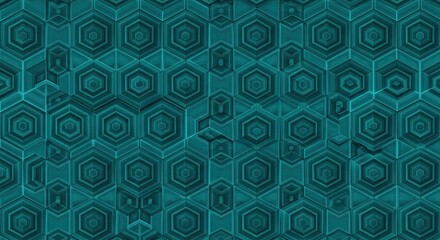 Teal Hexagon Pattern: An abstract seamless pattern featuring a captivating array of teal hexagons, creating a mesmerizing geometric design with depth and texture. Perfect for modern backgrounds.
