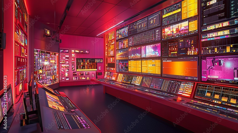 Poster futuristic control room with vibrant red lighting and numerous screens displaying data and visuals.