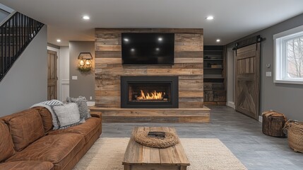 Stylish rustic basement conversion with built-in fireplace modern home interior design cozy environment welcoming viewpoint contemporary concept