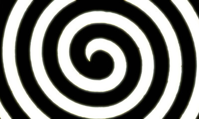 Hypnotic black and white spiral pattern, mesmerizing optical illusion. Classic swirling design radiates from center with sharp contrast and vintage aesthetic, evoking 1960s psychedelia.
