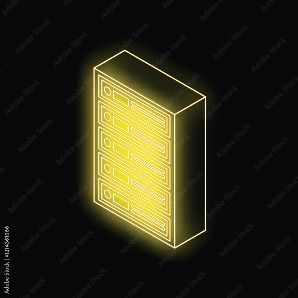 Poster yellow glowing neon server rack representing data storage and processing power