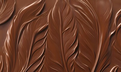 Naklejka premium Melted chocolate leaf pattern, close-up, studio, background blur, food texture