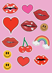 Vector set of 12 love sticker illustrations in a flat cartoon style for Valentine's Day. lover cherries, heart,kisses lips. Red pink.