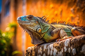 Fototapeta premium Iguana Basking: A Documentary Style Photograph of a Reptile Resting on a Wall
