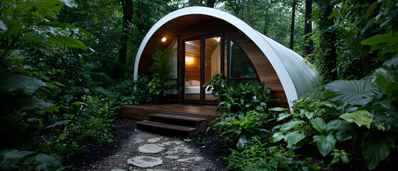 Charming eco-friendly cabin retreat lush forest photography tranquil environment eye-level view nature escape idea
