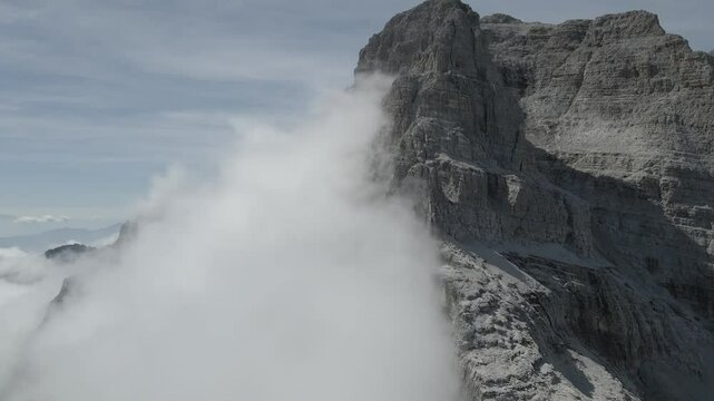 Drone footage of Bocca di Tuckett on Sentiero Alfredo Benini and Sentiero delle Bocchette Alte in Brenta Dolomites, featuring towering cliffs, exposed ridges, and breathtaking views.