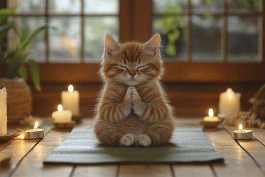 Tranquil cat in yoga pose surrounded by candles and zen atmosphere for relaxation design