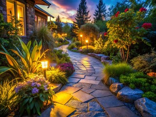 Obraz premium Illuminated Garden Path Patio Evening Macro Photography Stock Photo