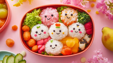 Adorable Rice Ball Bento with Smiling Faces and Fresh Vegetables