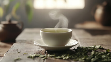 Steaming Cup of Tea on Rustic Wooden Table