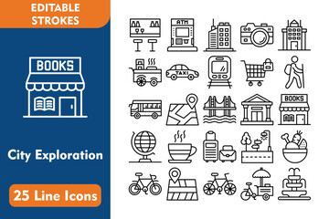 Obraz premium City Exploration 25 Line Icon Set Included Icons bar, atm, skyscraper, camera, tower, street food, 