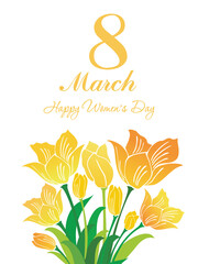 8 March. Holiday Greeting Card. International women day. Celebration white background with yellow flowers,  butterfly and place for your text. Vector Illustration