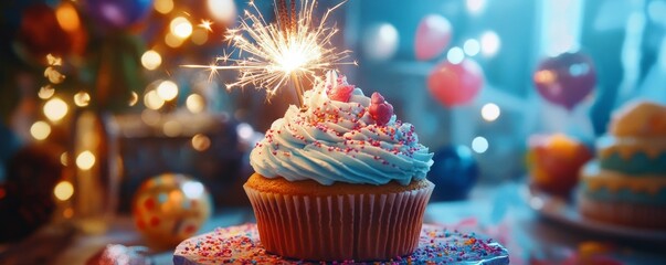 Colorful cupcake with sparkler celebration during festive occasion