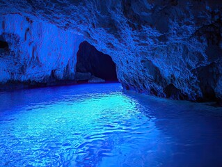 Blue Grotto sea cave, Croatia; calm water, dark interior. Travel, tourism