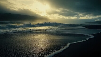 Dramatic sunset over ocean waves crashing on dark sand beach; nature, travel, coastal landscape