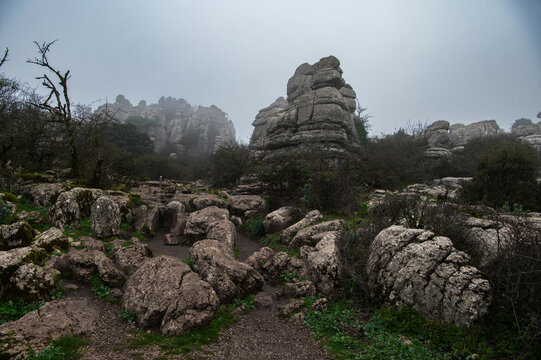 Picturesque view of a famous natural park El Torcal de Antequera near M&aacute;laga, Andalusia, Spain. Rocks in interesting shapes. Impressive karst landscapes."Tornillo" screw rock formation.