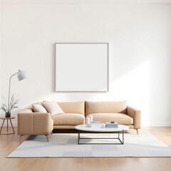 Frame mockup, ISO A paper size. Poster mockup on living room wall. Interior mockup with modern minimalist living room design. A bright, elegant space with a white sofa,