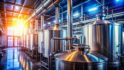 Industrial Alcohol Distillery Interior: Bokeh Lighting, Stainless Steel Equipment, Fermentation Tanks
