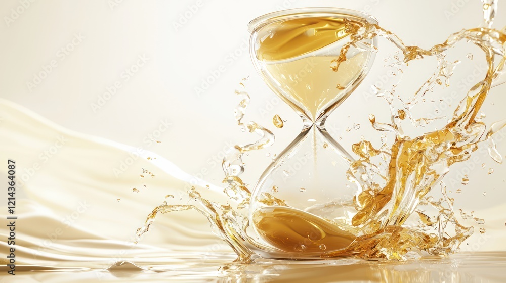 Poster a gleaming hourglass spills golden liquid, creating dynamic splashes against a light backdrop, symbo