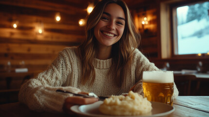 Smiling Woman Enjoying Comfort Food and Beer at Cozy Restaurant