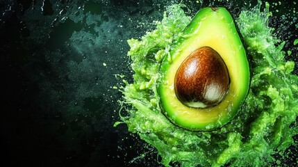 Fresh Avocado Splash on Dark Background with Green Puree Surround