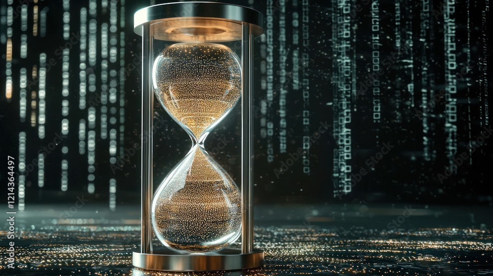Poster a digital hourglass filled with shimmering particles, set against a backdrop of binary code, symboli
