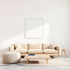 Frame mockup, ISO A paper size. Poster mockup on living room wall. Interior mockup with modern minimalist living room design. A bright, elegant space with a white sofa,