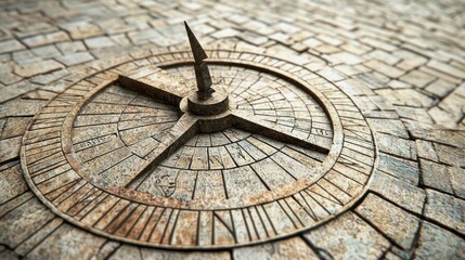 A close-up view of a sundial set on a stone surface, showcasing its intricate design and shadow-casting gnomon.