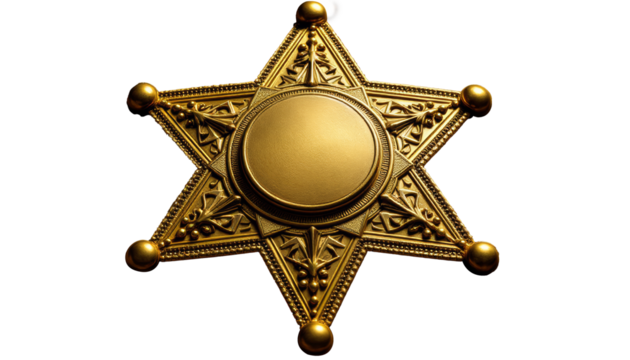 Detailed close up of a golden sheriff star badge against a black background