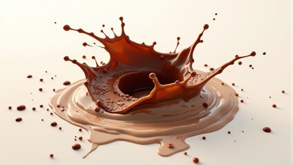 Dramatic close-up of a chocolate explosion, with diverse-sized droplets cascading from its core. Rich, velvety tones invite indulgence in this eye-catching centerpiece