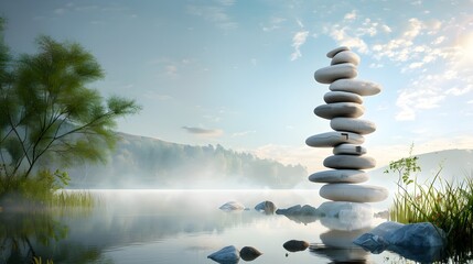 Obraz premium Zen Stone Tower with Windows in Calm Waters, Red and Blue Tones, Photorealistic Background