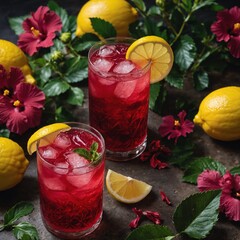 A hibiscus and lemon mocktail with vibrant hues.