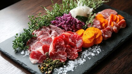 A rustic presentation of various raw meat cuts on a slate board, paired with fresh herbs and coarse sea salt