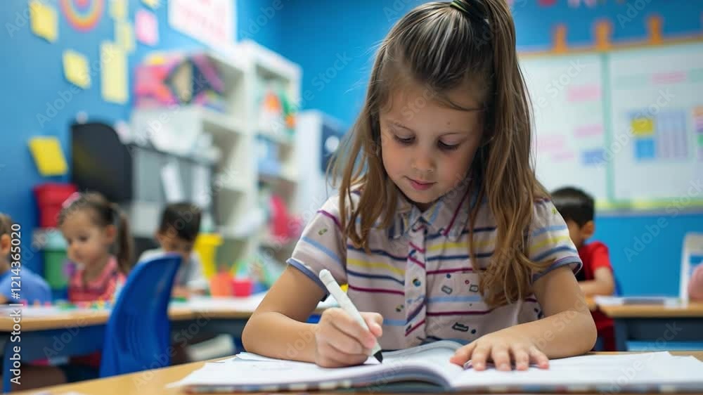 Poster this girl is focused on writing in her notebook while sitting in a vibrant classroom setting.