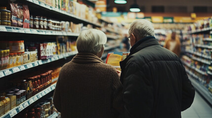 Elderly couple reading product labels in grocery store