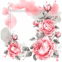 Obraz premium A floral design featuring pink roses and a decorative frame, ideal for invitations.
