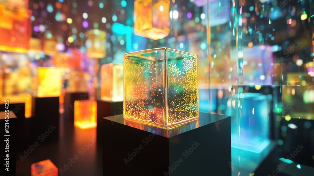 Aufkleber colorful glowing cubes are displayed on black pedestals in a futuristic setting with glass panels an