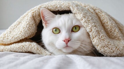 Naklejka premium Charming white cat with bright green eyes peeking out from a soft beige knitted blanket, exuding warmth and coziness on a lazy day at home. Ideal for comfort and pet-themed visuals