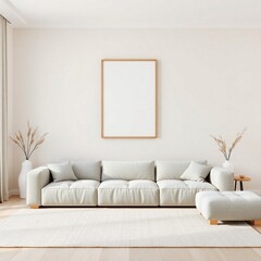 Frame mockup, ISO A paper size. Poster mockup on living room wall. Interior mockup with modern minimalist living room design. A bright, elegant space with a white sofa,