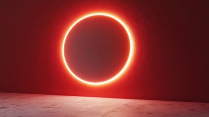 Red neon circle wall art, empty space, concrete floor, modern interior design, background