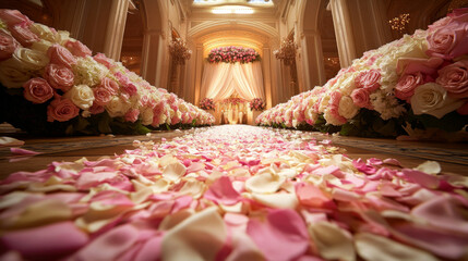 Naklejka premium Elegant Wedding Aisle Decorated with Rose Petals and Flowers