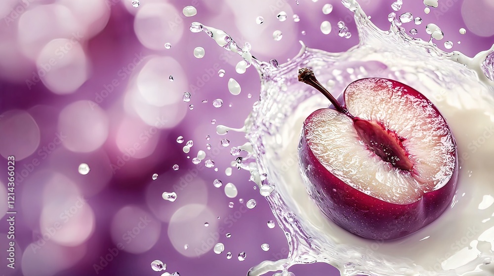 Poster plum splashing into milk, creating a vibrant, dynamic image with a bokeh background.