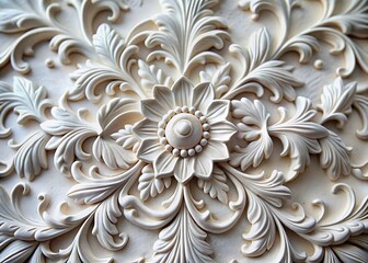 Intricate White Floral Relief Sculpture: Ornate Decorative Art, High-Detail Stock Photo