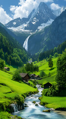 Idyllic Alpine Valley with Cascading Waterfall and Traditional Wooden Houses