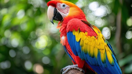 Obraz premium Close-up of a scarlet macaw's bright red, yellow, and blue feathers.