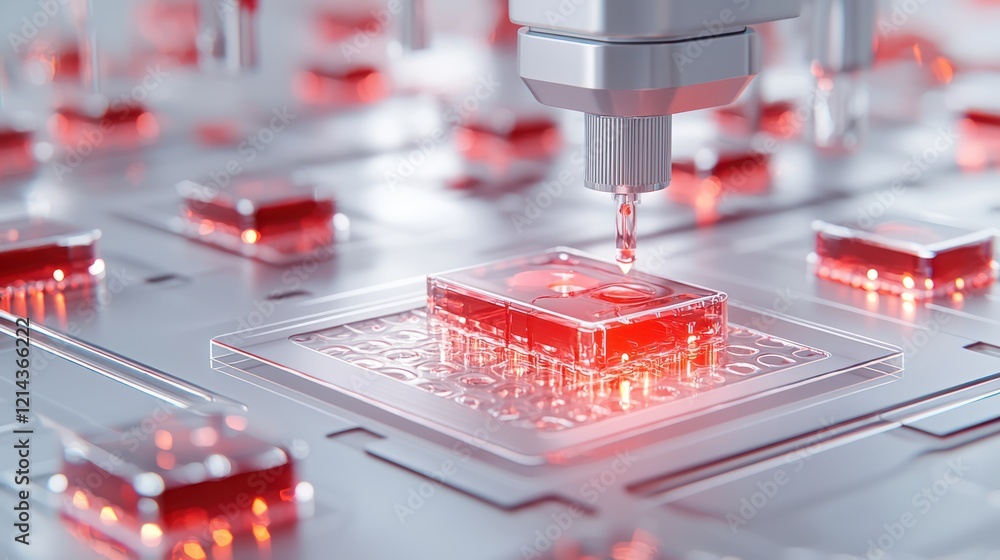 Poster a futuristic scene featuring a precision robotic arm applying a luminous red substance onto a circui