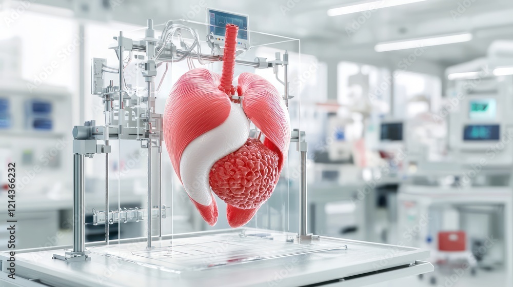 Poster a 3d-printed heart model displayed in a high-tech lab, symbolizing advancements in medical technolog